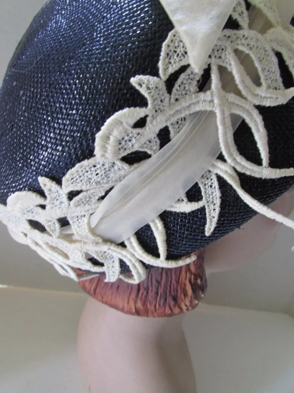 Vintage Hat Navy Blue Weave White Organdy Bow White Trim